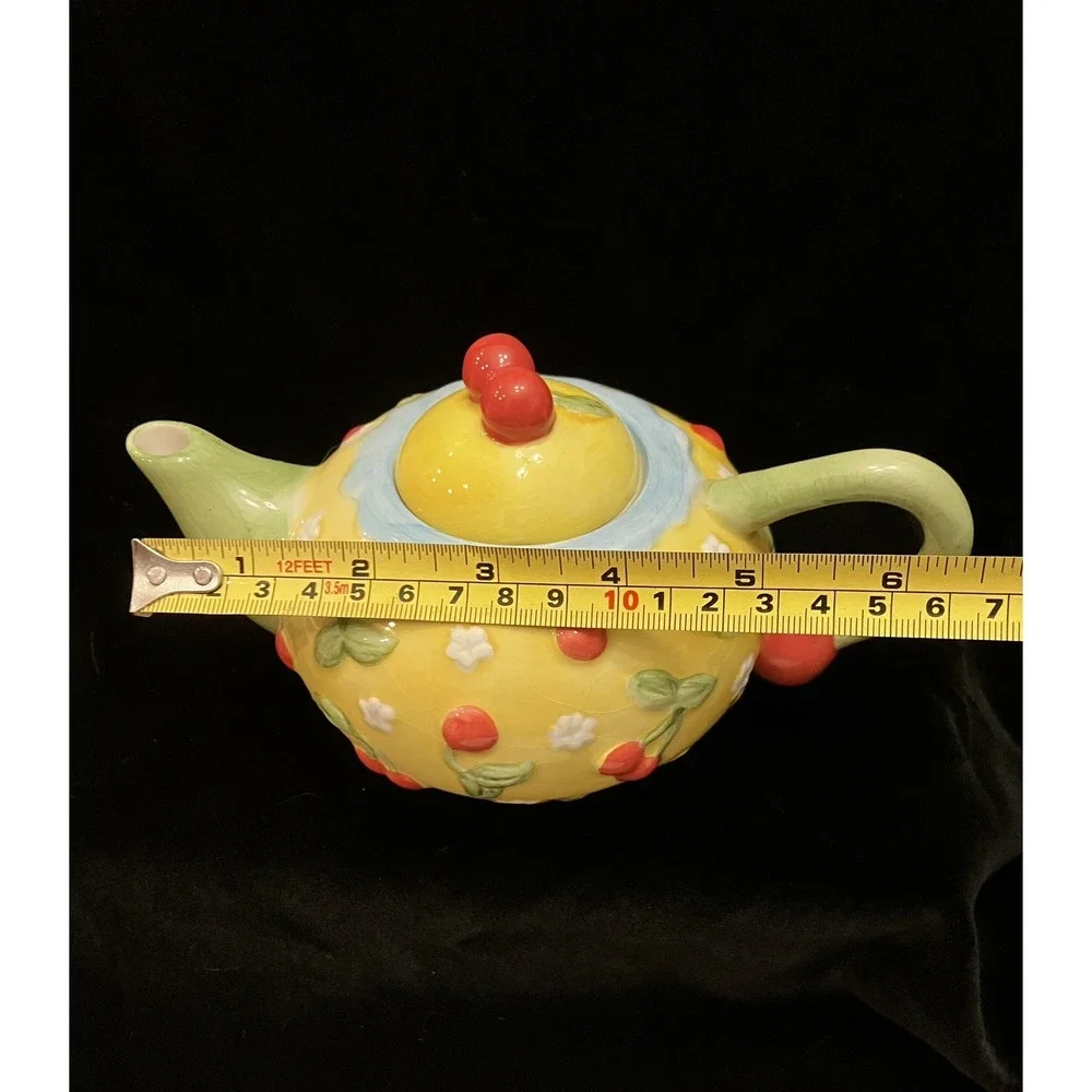 Oneida Cherries Jubilee Yellow Red Floral Ceramic Country Teapot Discontinued